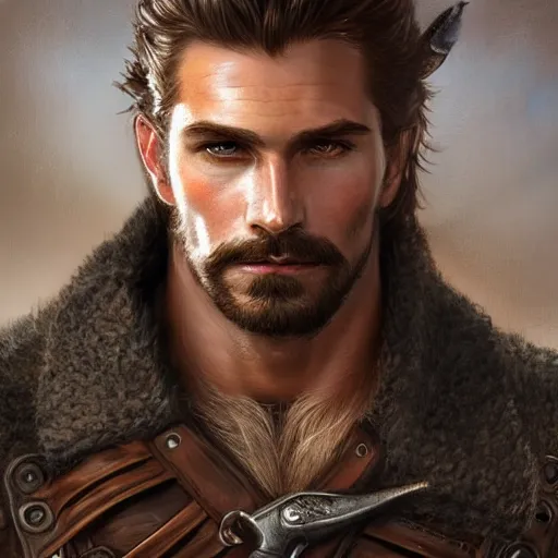 Image similar to portrait of a young, ruggedly handsome ranger, muscular, half body, leather, hairy, d & d, fantasy, intricate, elegant, highly detailed, digital painting, artstation, concept art, smooth, sharp focus, illustration, art by artgerm and greg rutkowski and alphonse mucha