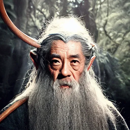 Image similar to a still from “ lord of the rings ” of a head and shoulders portrait of fei lung as a gandalf the wizard with a hat and a wooden staff, photo by phil noto