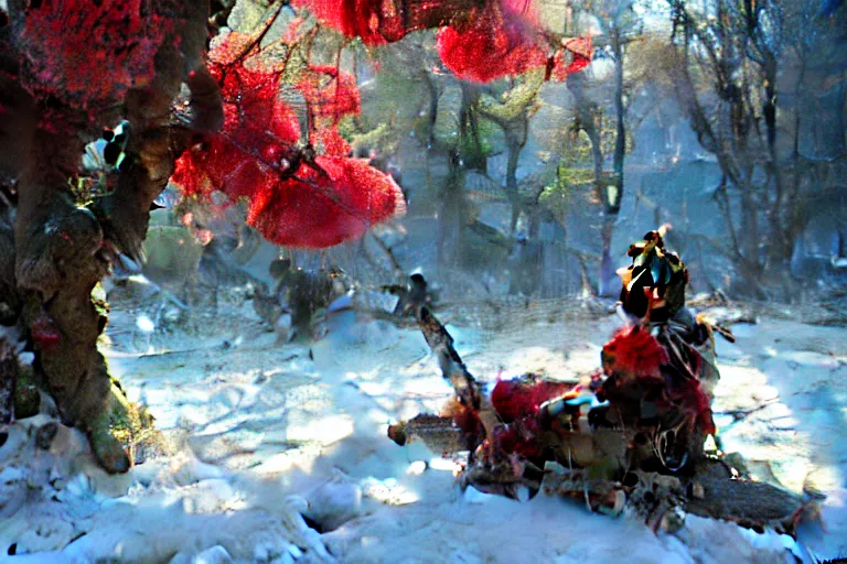 Image similar to winter, a male warrior relaxing under a huge tree with red flowers, sun shining on him, god ray, ground covered with snow, fantasy, painting by gaston bussiere, craig mullins, j. c. leyendecker, trending on artstation