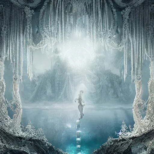 Prompt: under an white intricate like lace epic forest suspended in the air upside down, a white pool with intricate epic circles of water within floating female robots, dressed in intricate veils and jewels, and an intricate mythological underwater city, epic environment, matte painting, diffused lighting, highly detailed, cinematic, epic atmosphere, digital art, trending on artstation, wide angle