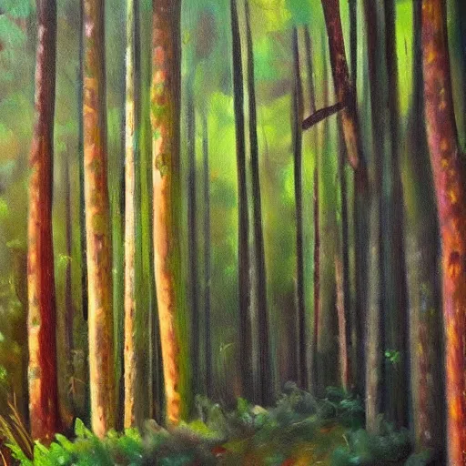 Prompt: ultra realistic painting of a pipe organ inside of a forest, thick brush strokes, visible paint layers.