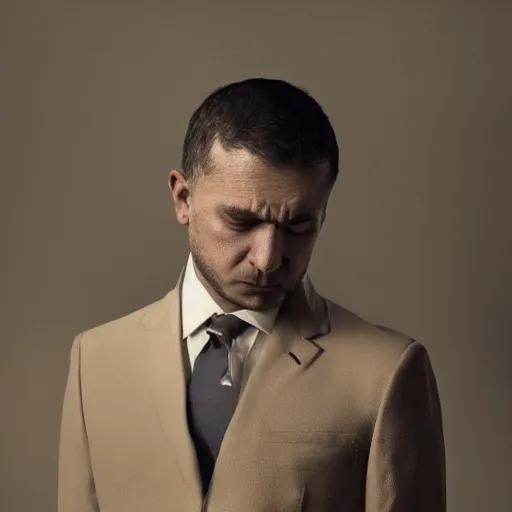 Image similar to Photo of a stern man in a beige peak lapel suit with a sad and melancholic look, grieving, chiaroscuro, medium shot, cinematic promo material