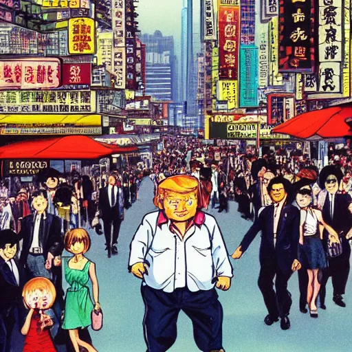 Image similar to glossy old advertising poster, chubby baby donald trump walking through crowded hong kong street, vendors, drawn comic by junji ito, pastels, gradient