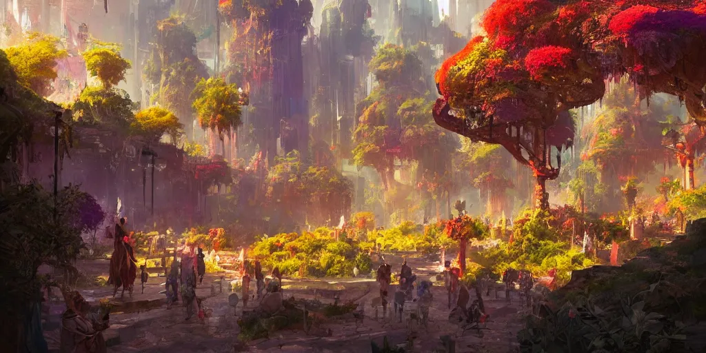 Image similar to a breathtaking fantasy solarpunk city, illustration by tiago sousa and greg rutkowski, bright sunlight, vivid and colorful trees and plants and flowers, smooth digital concept art, 4 k, trending on artstation