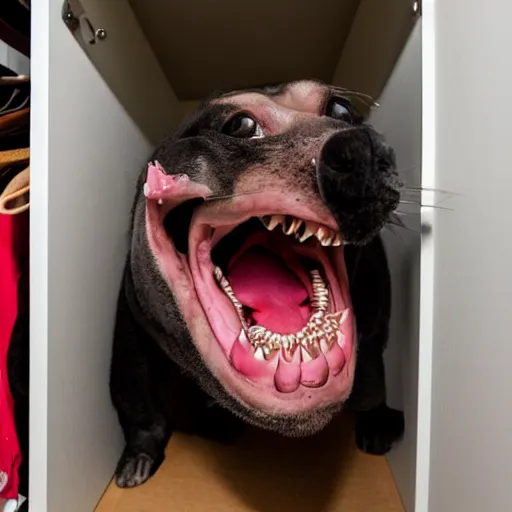 Prompt: closet with teeth and a tongue coming out