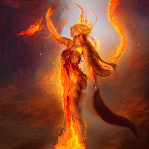 Image similar to Hot fire goddess, skin of flames, rampaging, stormy background, forest fire, breathing fire, fire in hand, concept art, artstation, 4k