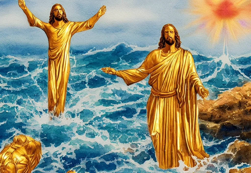 Image similar to a watercolor painting of a golden statue of jesus in the middle of an ocean with a beam illuminating it, detailed