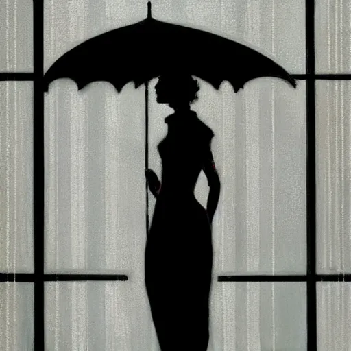 Image similar to silhouette of a woman gazing out her hotel window at the rain, extremely detailed masterpiece, oil on canvas, low-key neon lighting, in the world of Edward Hopped, artstation, by J. C. Leyendecker and Peter Paul Rubens,