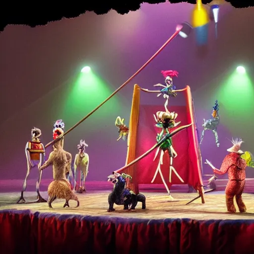 Image similar to claymation style circus, human performers on right, giant insects in audience on left, hyper detailed, dramatic lighting, by Nick Park and Peter Lord