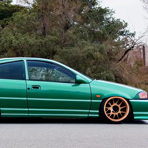 Image similar to four-door green jdm acura integra at a japanese car meet, lowered with hre wheels