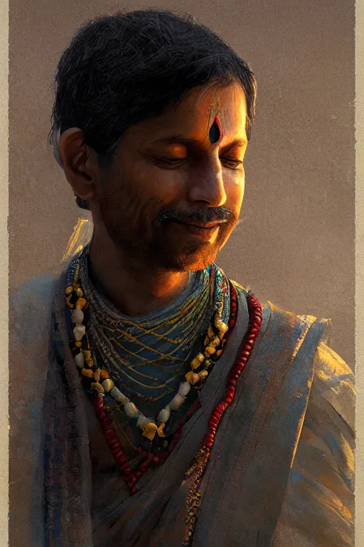 Image similar to hindu priest, close - up portrait, devoted, intricate, elegant, volumetric lighting, scenery, digital painting, highly detailed, artstation, sharp focus, illustration, concept art, ruan jia, steve mccurry