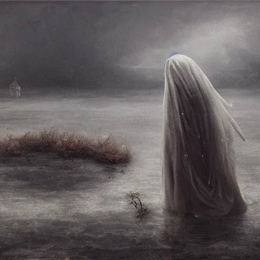 Image similar to ominous bedsheet ghost floating above a frozen lake, oil painting, brush strokes, gloomy foggy atmosphere, symmetrical, full body image, highly ornate intricate details,