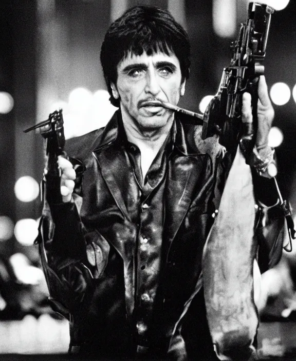 Image similar to tony montana from movie scarface 1 9 8 3. staying with m 1 6 riffle. al pacino, extreme long shot, perfect symmetric face, coherent eyes, fine details, 4 k, ron cobb. cinestill