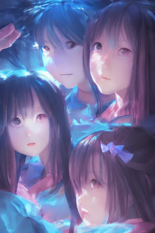 Prompt: 3d infrared octane render concept art by Mo Xiang Tong Xiu, by Igarashi Daisuke, by makoto shinkai, cute beauty cozy portrait anime schoolgirls under dark pink and blue tones, mirror room. light rays. water bellow. pretty realistic face. big eyes. dramatic light, trending on artstation, oil painting brush