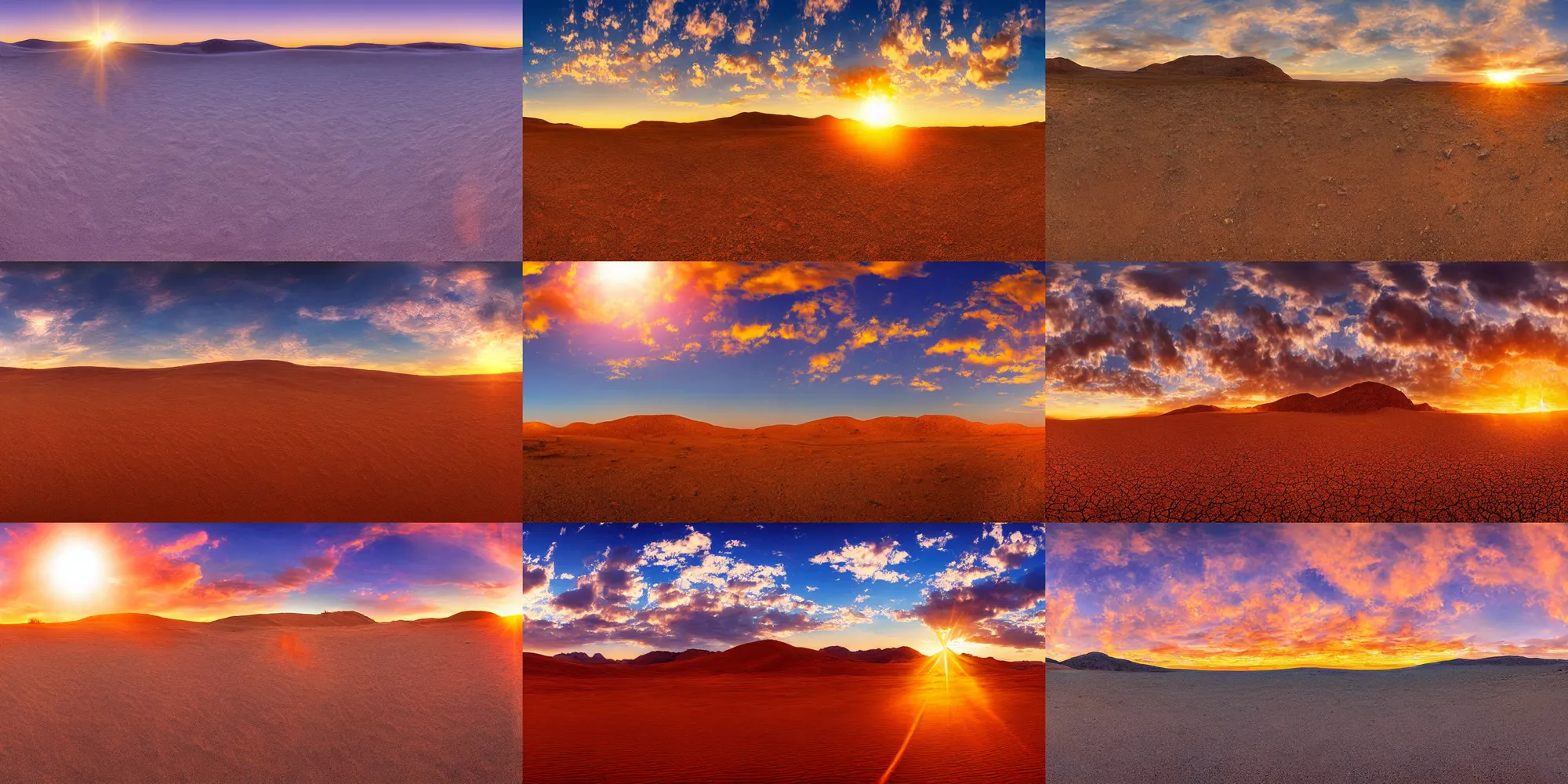 Prompt: digital art, a sidescroll game panorama of a desert, very stylized, gradients and soft light, lens flare, sunset, light glow