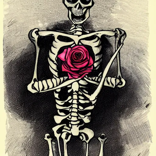 Prompt: a skeleton biting a rose, sinister, detailed