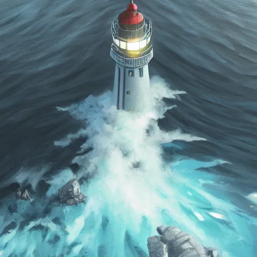 Image similar to a beautifuly ultradetailed painting of a lighthouse in a sea of black water with eldritch terrors crawling up from the water, icy mist, morning shot, Raphael Lacoste, Makoto Shinkai, 4k, trending on artstation, aerial photography.