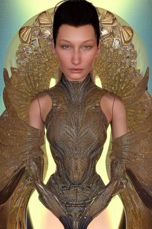 Image similar to a highly detailed metahuman render portrait of an alien goddess bella hadid in iris van herpen dress schiaparelli in diamonds and jewelry in style of alphonse mucha trending on artstation made in unreal engine 4