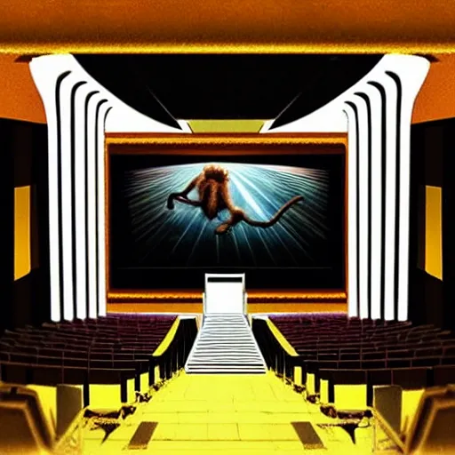 Image similar to “inside of a movie theater showing a movie about monkeys, digital art, Art Deco, award winning”