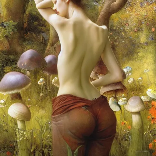 Image similar to a masterpiece full body portrait of a beautiful fairy from behind, bending over to pick a mushroom, beautiful face, flawless skin, heart shaped bottom, by Edgar Maxence and Ross Tran and Michael Whelan