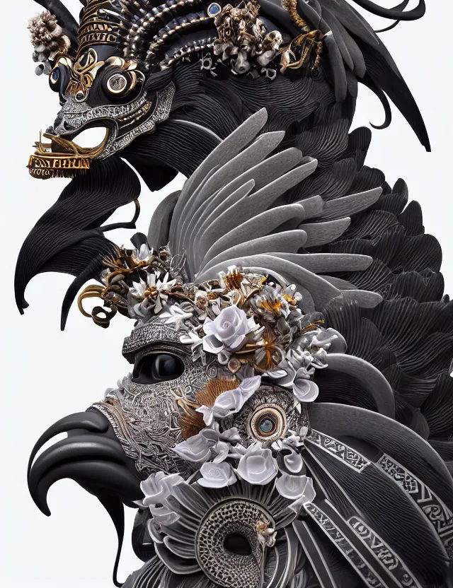 Image similar to 3 d goddess close - up profile portrait with crown, ram skull. beautiful intricately detailed tribal japanese crow kitsune mask and clasical japanese kimono. betta fish, jellyfish phoenix, bio luminescent, plasma, ice, water, wind, creature, artwork by tooth wu and wlop and beeple and greg rutkowski