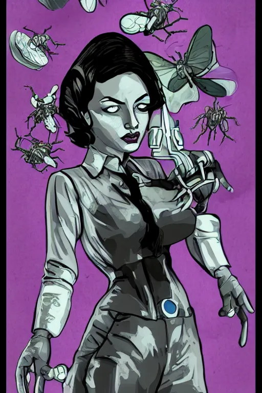 Prompt: bugs lady, with body full of bugs, cleanest posse, cleanest content, reduce duplication, justify, realistic parallel content, hyperrealistic anatomy, violet polsangi pop art, gta chinatown wars art style, bioshock infinite art style, incrinate, rgba color, white frame, balance proportion content