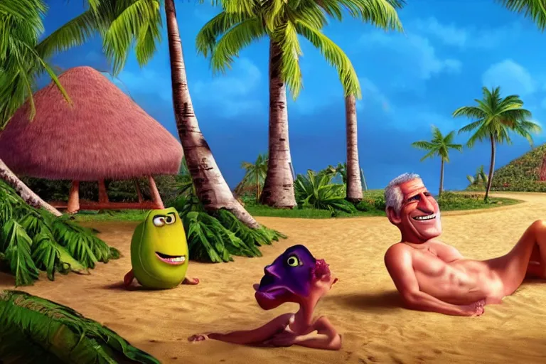Image similar to laughing Jeffrey Epstein on tropical island, hyper realistic by Pixar, 8k high quality wallpaper