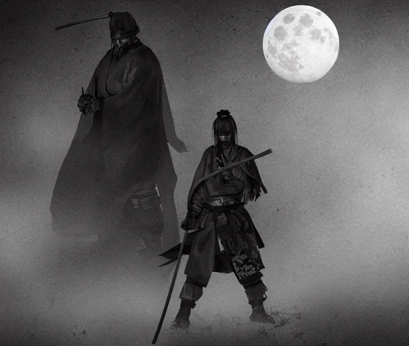 Image similar to '2d design graphic a samurai in the night ,big white moon background , gloomy and foggy atmosphere, octane render, horror scene, highly detailded , black and white ink '