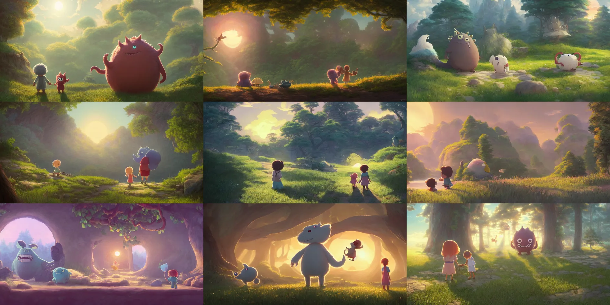 Prompt: a wholesome cottagecore illustration of an imaginary friend, cute monster, play time, studio Ghibli, Pixar and Disney animation, sharp, Rendered in Unreal Engine 5, anime key art by Greg Rutkowski, Bloom, dramatic lighting, sunrise