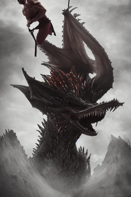 Image similar to a crossfitter riding a very large Dragon from Game of Thrones above city of Bordeaux, in the style of Game of Throne 8th season very matte colors, mysterious and misty and Dark