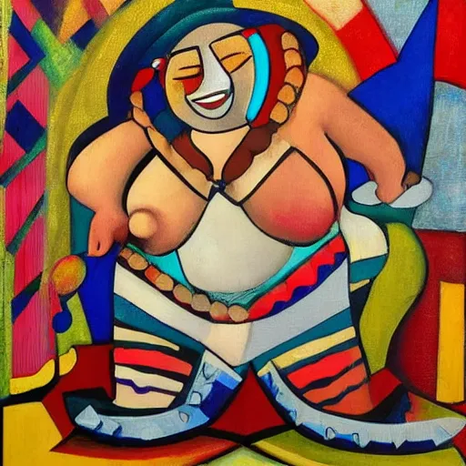 Image similar to fat mayan woman dancing, brilliant sunset, cubism, muted colors, texture