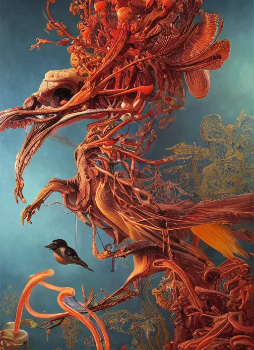 Prompt: an anatomical oil painting of a bioluminescent Bird from a medical journal by Nychos, Julie Bell, Peter Mohrbacher highly detailed, 8k, birds, mushrooms, flowing fabric, splashes of red, dramatic lighting