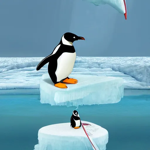 Prompt: penguin surfing on a big eave using an ice floe as surfboard, trending on artstation