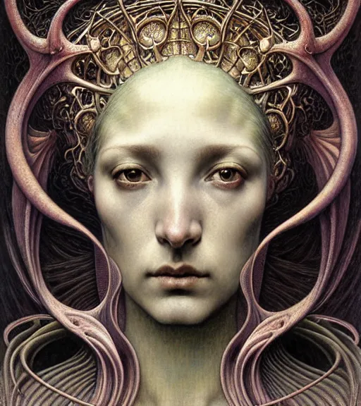 Image similar to detailed realistic beautiful young medieval alien queen face portrait by jean delville, gustave dore and marco mazzoni, art nouveau, symbolist, visionary, gothic, pre - raphaelite, iridescent fractal details. horizontal symmetry by zdzisław beksinski, iris van herpen, raymond swanland and alphonse mucha. highly detailed, hyper - real, beautiful