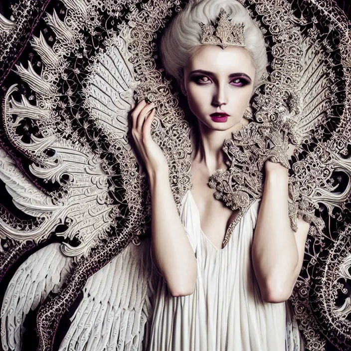 Prompt: photo portrait of a beautiful woman like a queen-dark fallen angel, dressed in long elegant intricate ornamental white dress, intricate fractal ornament in the bust with a very long neck , elegant, highly detailed intricate baroque ornament in her blond long hair, Realistic, Refined, Highly Detailed, Cinematic outdoor Lighting, fine art photography by Flora Borsi, volumetric lighting, pastel colors scheme , hyper realistic photography