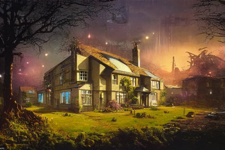 Image similar to cyberpunk, an estate agent listing photo, external view of a 5 bedroom detached countryside house in the UK, by Paul Lehr