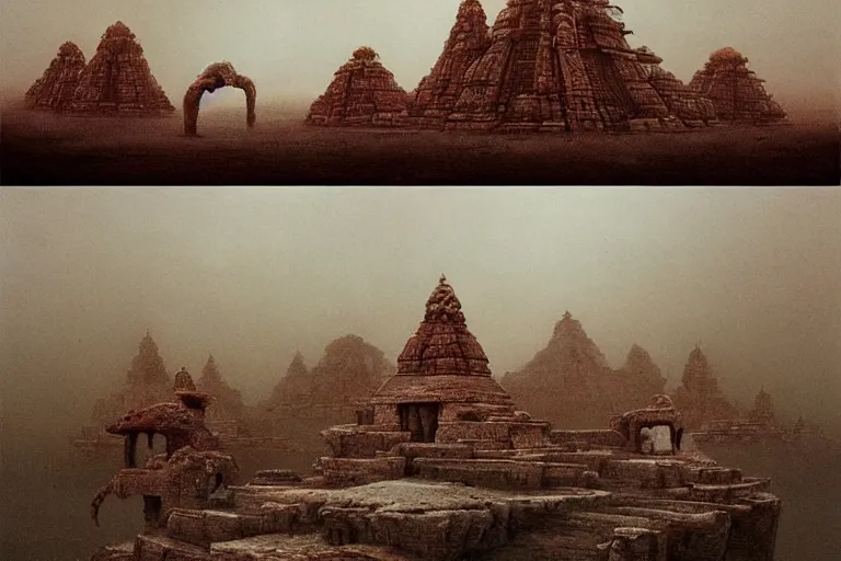 Image similar to photography of an archipelago of never seen before ancient indian temple. ofinspiring science fiction, intricate, elegant, uplifting, inspirational, highly detailed by beksinski and simon stalenhag