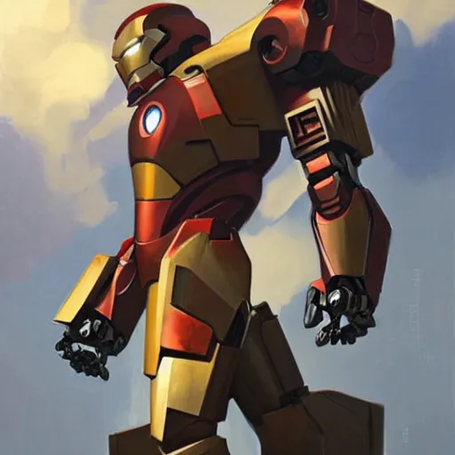 Image similar to greg manchess portrait painting of armored mecha tony stark ironman as overwatch character, medium shot, asymmetrical, profile picture, organic painting, sunny day, matte painting, bold shapes, hard edges, street art, trending on artstation, by huang guangjian and gil elvgren and sachin teng