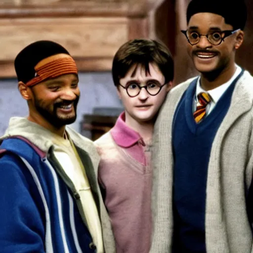 Image similar to Daniel Radcliffe as Harry Potter next to Will Smith in Fresh Prince of Bell Air