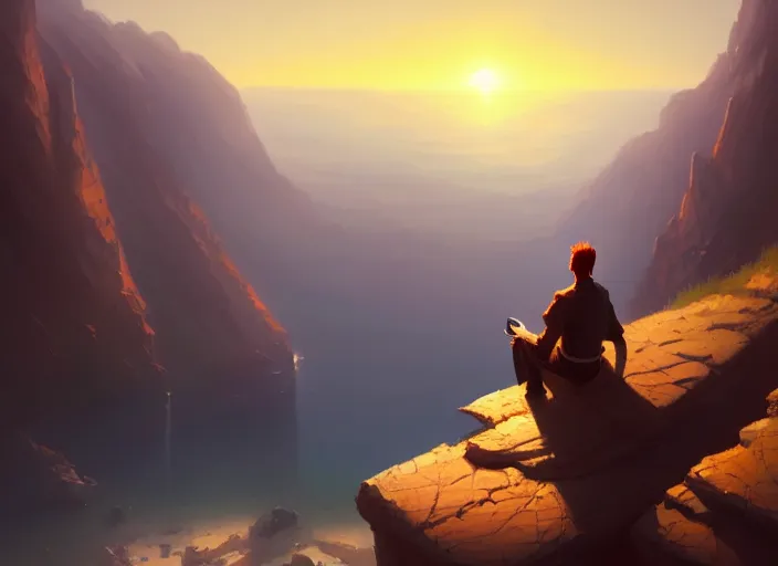 Prompt: a man sitting on a cliff watching the sun shining bright, painting, digital art, harsh lighting, trending on art station, art by greg rutkowski and andreas rocha, 8 k