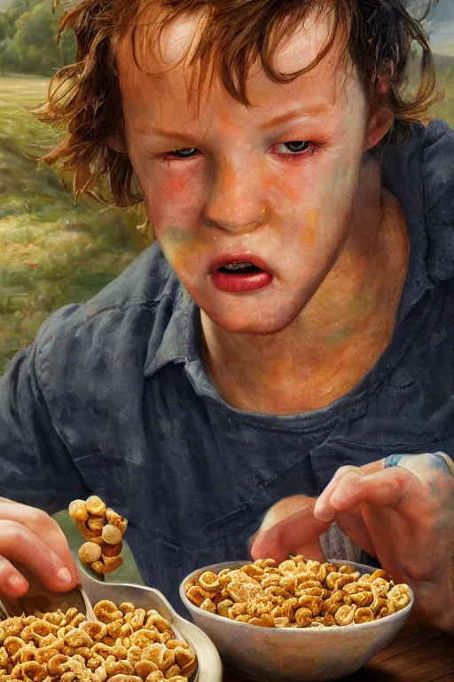 Prompt: cyclops eating cereal oil on canvas, intricate, portrait, 8k highly professionally detailed, HDR, CGsociety