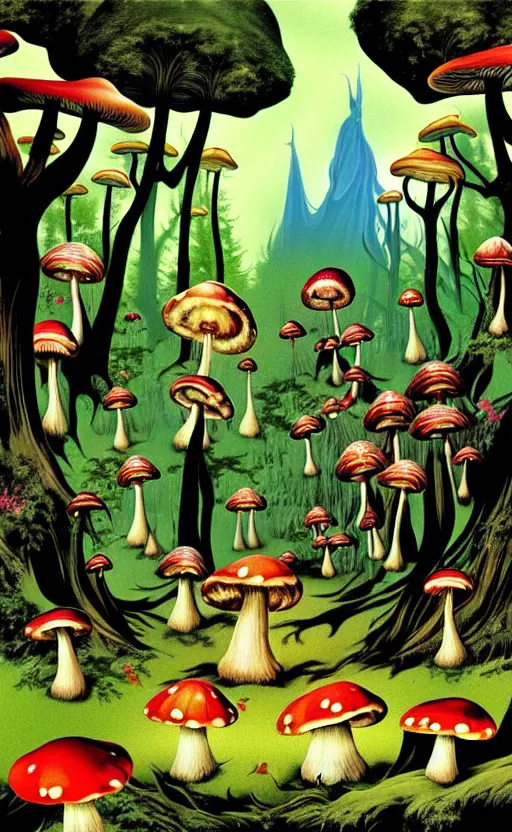 Image similar to psychedelic mushrooms in an enchanted forest with fairies in the trees wide angle shot, white background, vector art, illustration by frank frazetta and salvador dali