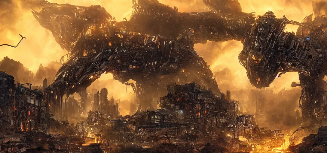 Prompt: a mecanic monster destroy a futurist city in the night, landscape, night, fire, dark fantasy, kaiju, apocalypse