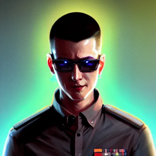 Prompt: detailed character full body portrait of a skinny buzz undercut androgynous youthful federal government agent smirking sunglasses white button down shirt tactical bulletproof kevlar on smoky neon background artgerm greg rutkowski mucha