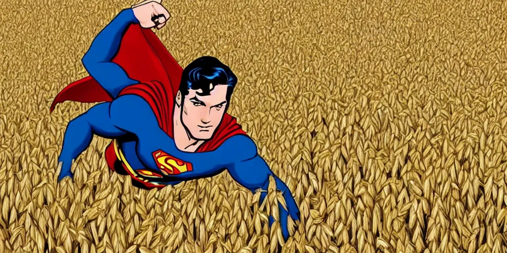 Image similar to superman is cutting wheat in a wheat field