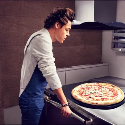 Image similar to a realistic photo of Harry styles making a pizza, ultra realistic