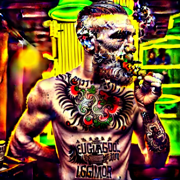 Image similar to a intricately detailed portrait of conor mcgregor smoking a lit cigar in an irish pub with a neon bar, smoke rising like clouds, balanced, trending on art station, volumetric lighting & shadows, hyper detailed, digital art, unreal engine, 4 0 0 mm f 1. 8,