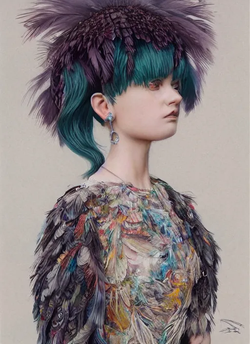Image similar to teen girl with an eccentric haircut wearing an dress made of feathers, artwork made by ilya kuvshinov and donato giancola