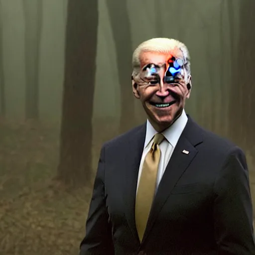 Image similar to joe biden standing ominously far in the foggy woods with a demonic wide smile in his face in the new horror movie, creepy