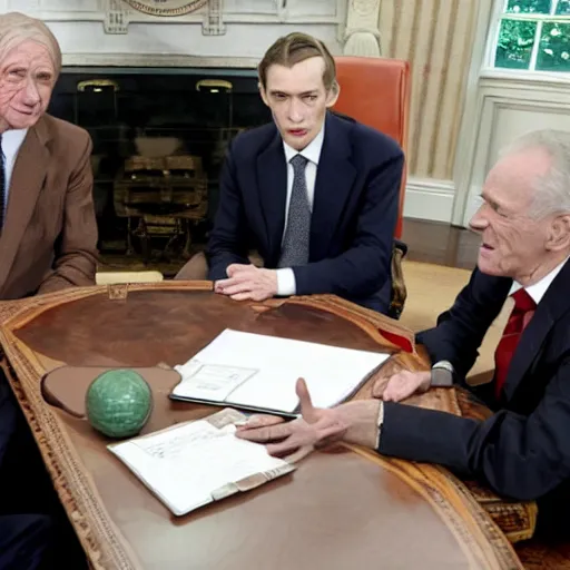 Prompt: president gollum and sauron in an oval office meeting to discuss the one ring